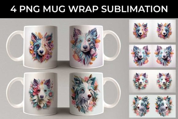 3D Floral Fantasy Border Collie Mug PNG Design