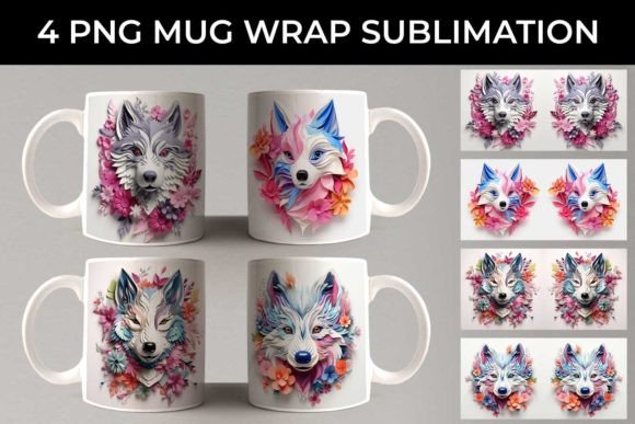 3D Floral Fantasy Husky Mug Sublimation Design