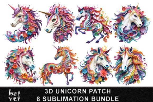 3D Unicorn Patch Bundle Sublimation PNG